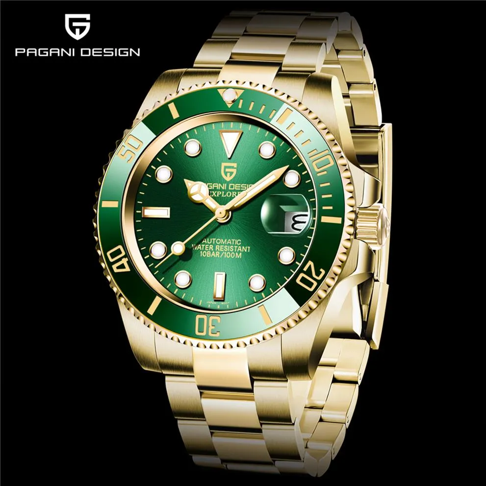 PAGANI Design – montre de plongée avec lunette en céramique verte et dorée, mouvement mécanique automatique, en acier inoxydable, étanche, bracelet w273h