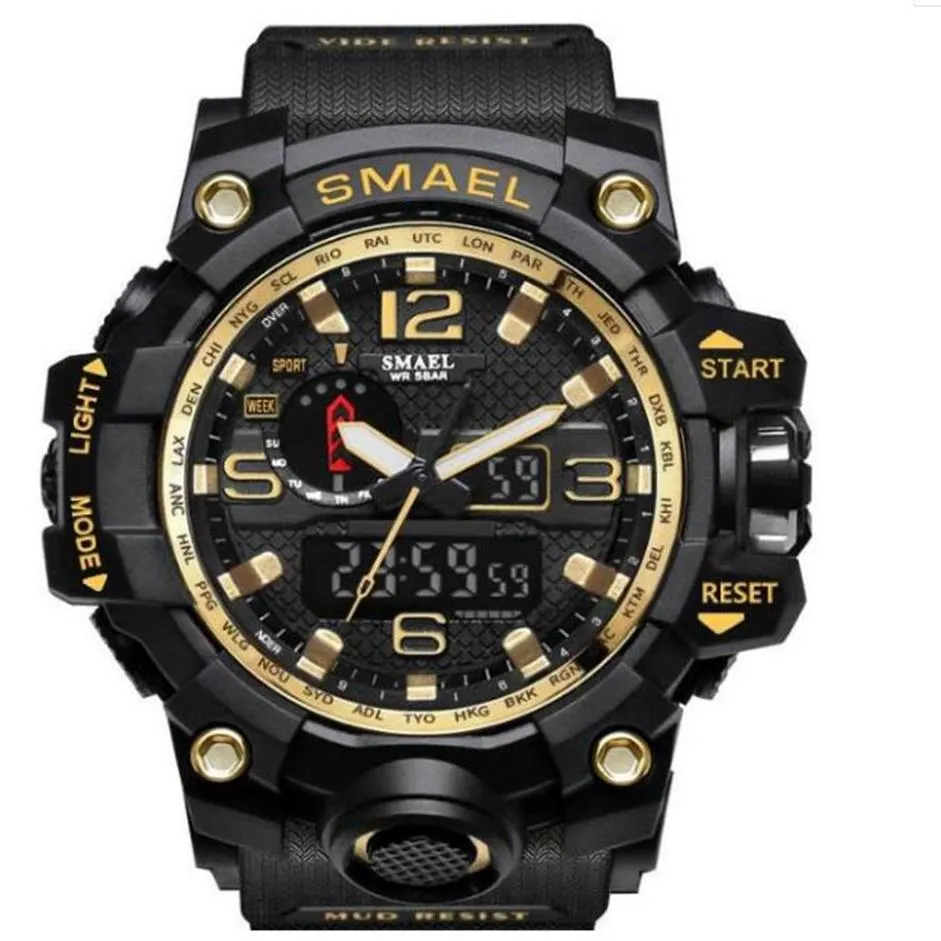 Smael Men Sports Watches Dual Display 디지털 LED 전자 석영 손목 시계 방수 수영 군용 감시 265S