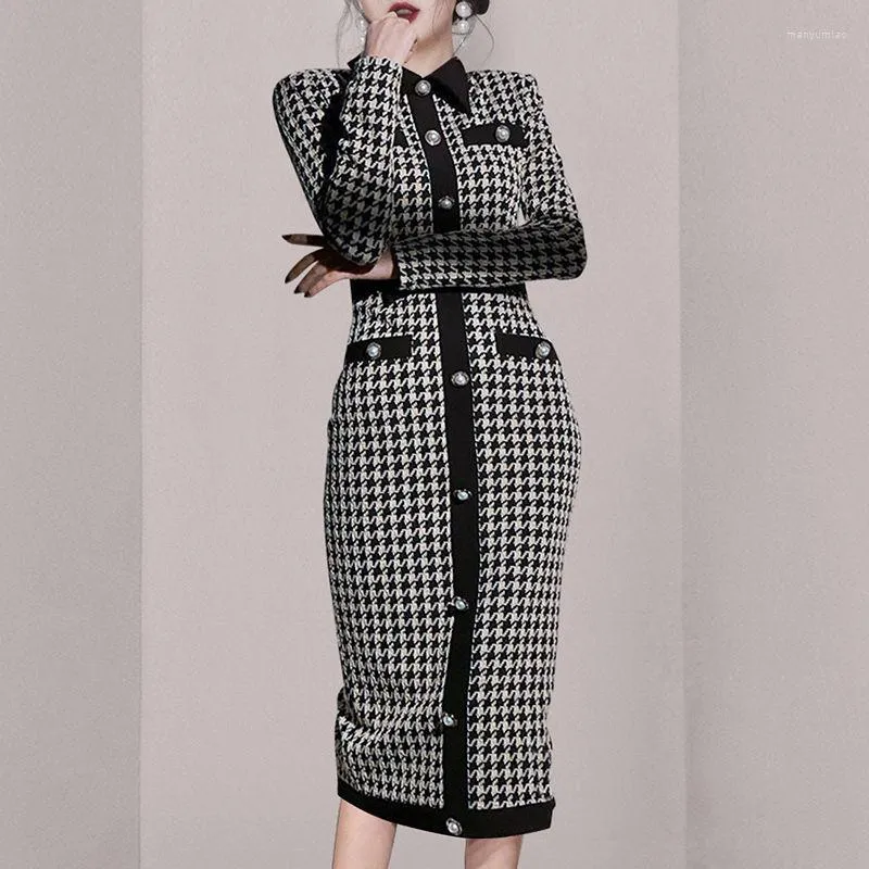 Casual Dresses Long For Women 2022 Spring Slim Houndstooth Knit Dress Female Retro Button Plaid Sexig Woman Sleeve