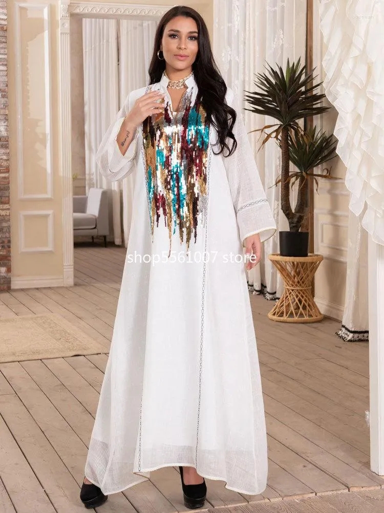 Ropa étnica Dubai Abaya Jalabiya Maxi Dress Djellaba Mujeres musulmanas Lentejuelas Manga larga Boda Vestidos de noche blancos Árabe islámico