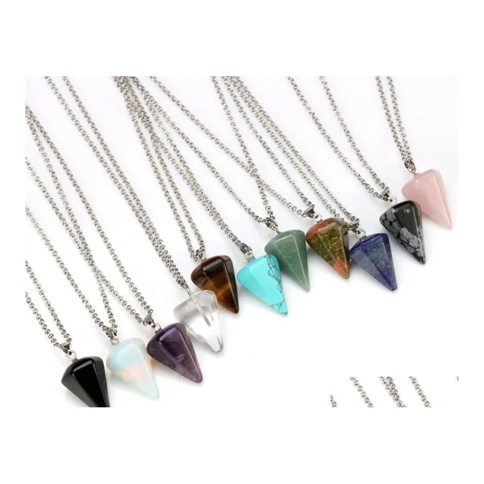 Pendentif Colliers Collier de pierres précieuses naturelles Cristal de guérison Chakra Reiki Pierre Hexagonal Prisme Cone Pendum Charm Drop Delivery Jewe Dhoki