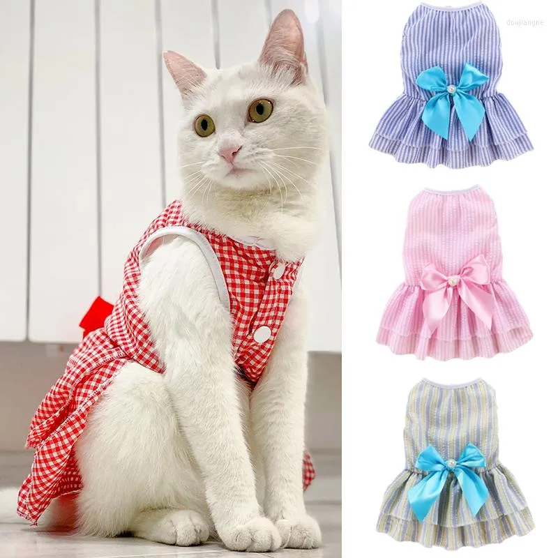 Costumes de chat Chiot Princesse Robe D'été Vêtements Pour Animaux De Compagnie Rayé Robes À Carreaux Avec Arc Pour Chats Chaton Sphynx Vêtements Ropa Para Gato