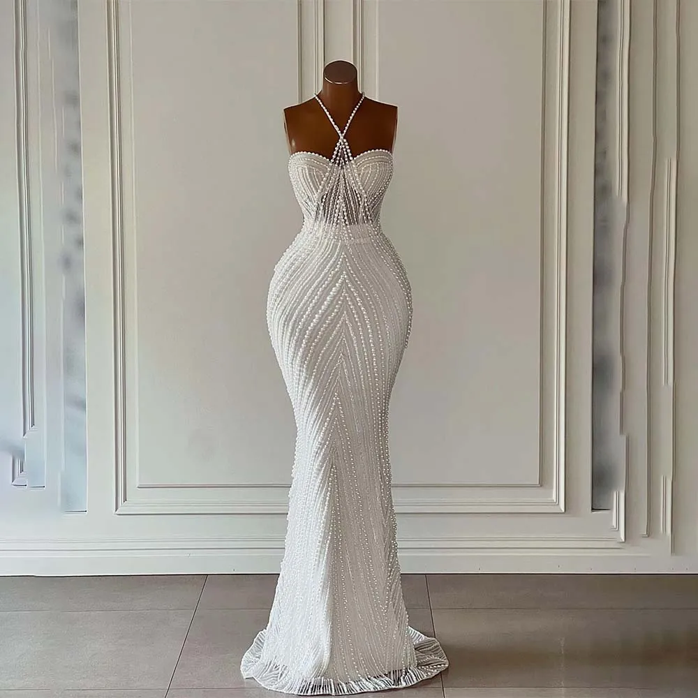Luxurious Custom mermaid wedding dress straps with Halter Neck, Pearls, and Beading for Formal Bride Gowns Luxurious Custom mermaid wedding dress straps with Halter Neck, Pearls, and Beading for Formal Bride Gowns