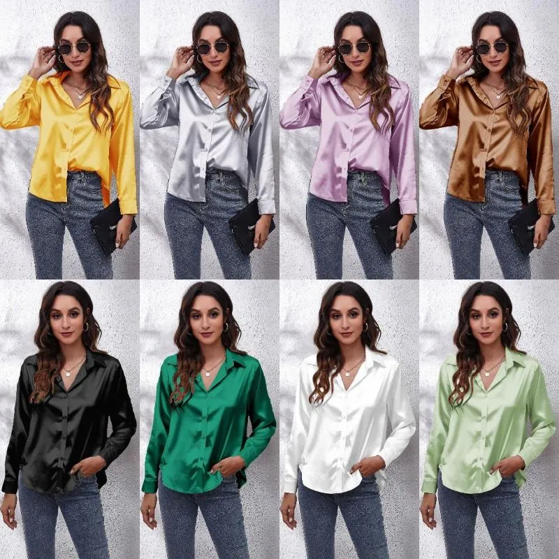 Damesblouses Satijnzijden damesblouse V-hals Button Down Lange mouw Casual Zomer Opgedirkte tops voor professioneel werk