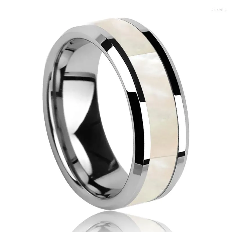 Bröllopsringar Ankomst 8mm Bredd Tungsten Carbide Band med White Pearl Inlay för Man Woman Size 7-12