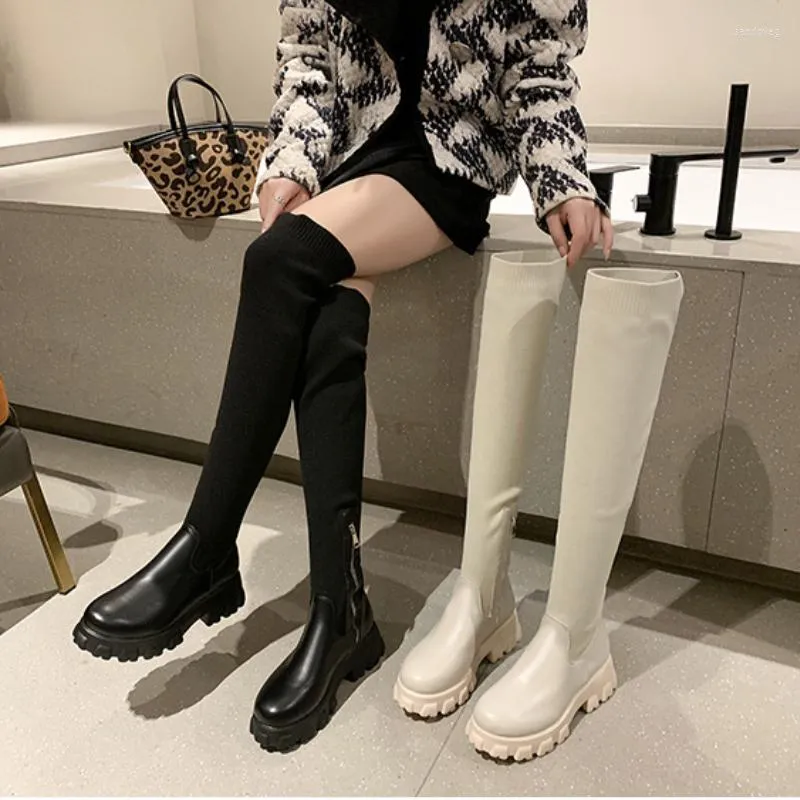 Boots Knee-high Women Autumn Winter Shoes Thick Heel Slim Stretch Sock Lady Platform Long Female Botas De Mujer