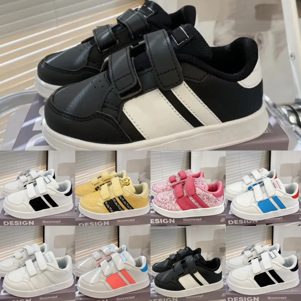 scarpe per bambini punta conchiglia scarpe da bambino firmate scarpe da ginnastica casual per bambini scarpe da ginnastica bianche nere ragazze bambino capretto giovani neonati gancio anello scarpe sportive all'aperto m e04N #