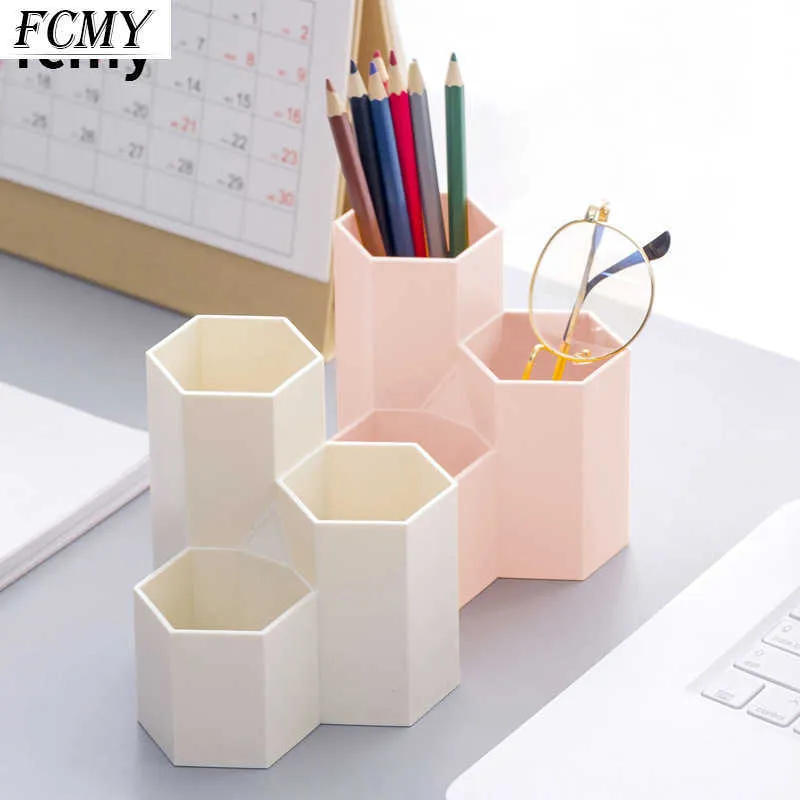 2022 Three Grid Large Capacity Desk Pen Holder Pencil Makeup Storage Box Desktop Organizer Stand Case School Office Stationery