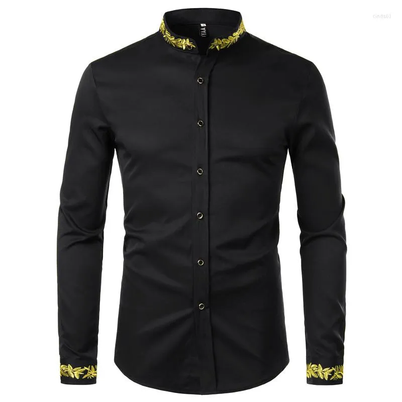 Chemises décontractées pour hommes Chemise de broderie en or noir Hommes Printemps Robe pour hommes Col montant Boutonné Chemise Homme Camisa Masculina