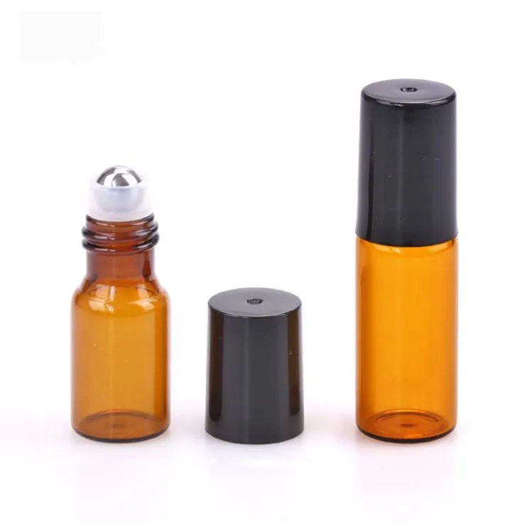 3ml 5ml Amber Glass Roll On Bottle Travel Essential Oil Perfume Bottle with Stainless Steel Balls SN553