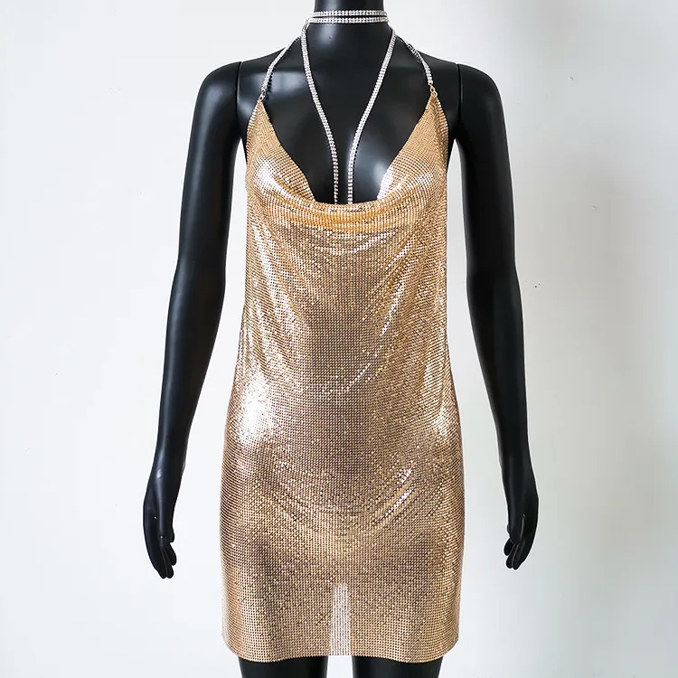 Lässige Kleider, sexy metallisches rückenfreies Metall-Party-Sommerkleid, Damen-Nachtclub-Minikleid