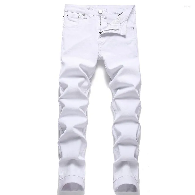 Jeans masculinos homens puro branco estirado de jeans de calças cônicas finas de calças clássicas