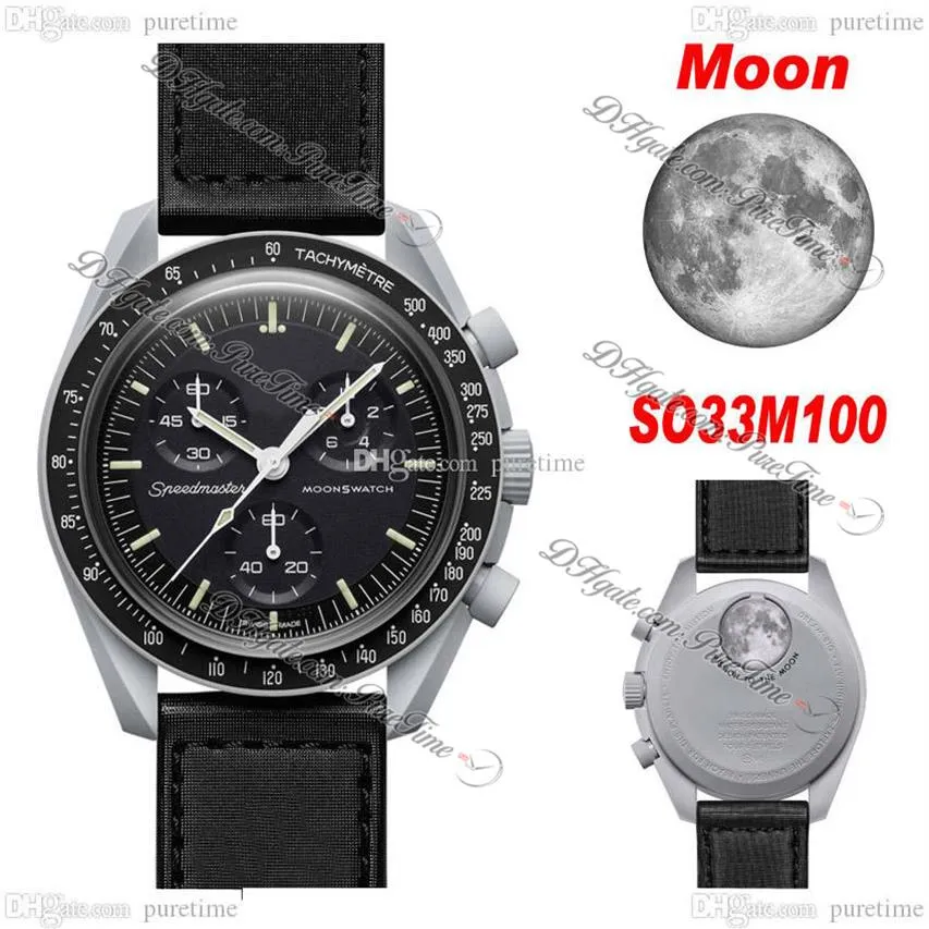 Bioceramic Moonswatch Swiss Quqrtz Chronograph Mens Watch SO33M100 MISSION TO MOON 42 REAL GRAY CERAMIC Black Nylon Strap مع Box325A