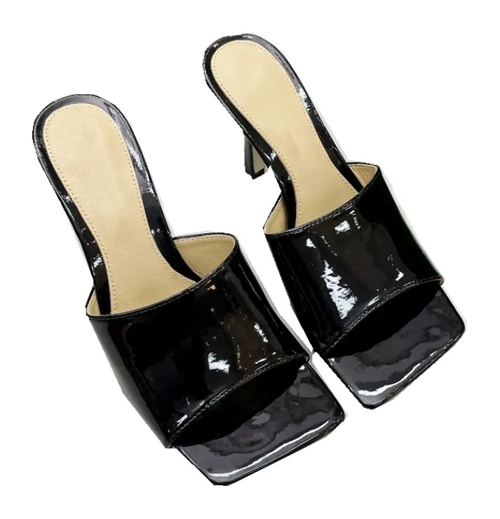Designer kvinna h￶gklackade sandaler bred botten stilett l￤der mocka skjutreglage klack tofflor svart vit brun fruktf￤rg med gr￶n l￥da storlek 35-42