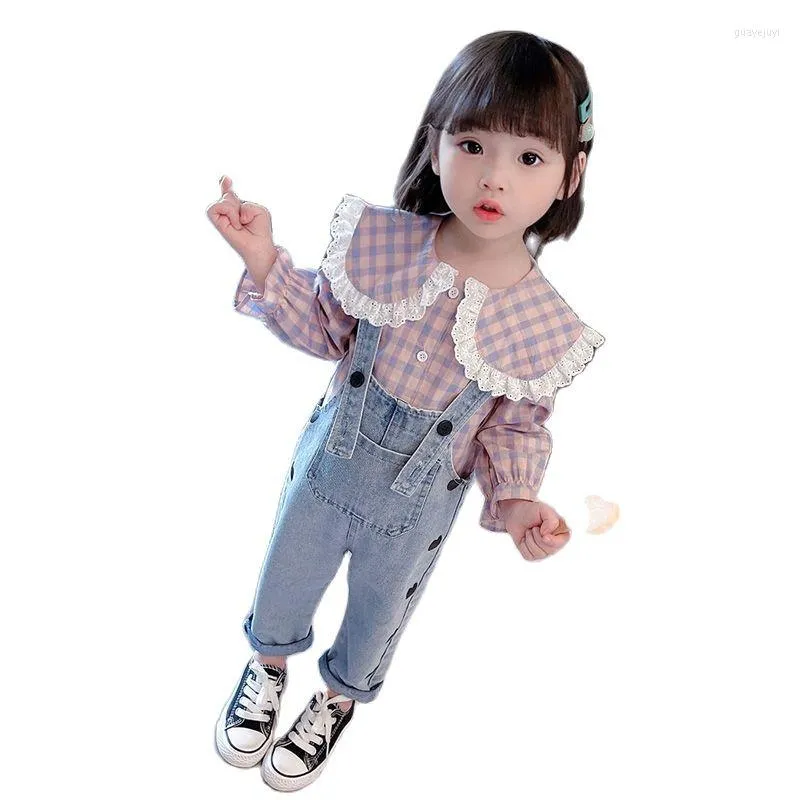 Kläder sätter koreanska våren baby flicka kläder set pläd blus kärlek denim overall rem jeans småbarn höst barn födelsedag