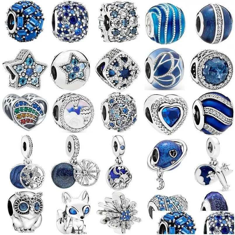 Gümüş Sky Mavi Serie Vlinder Bloem Eenhoorn sterren maan uil vliegtuig kralen fit originalele pandora takılar kol bandı diy Sieraden dro dhh7i