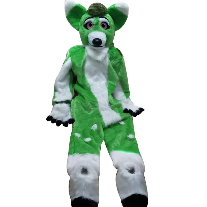Costume da mascotte in pelliccia di media lunghezza volpe Husky verde che cammina Halloween Natale vestito da attività su larga scala gioco di ruolo per feste