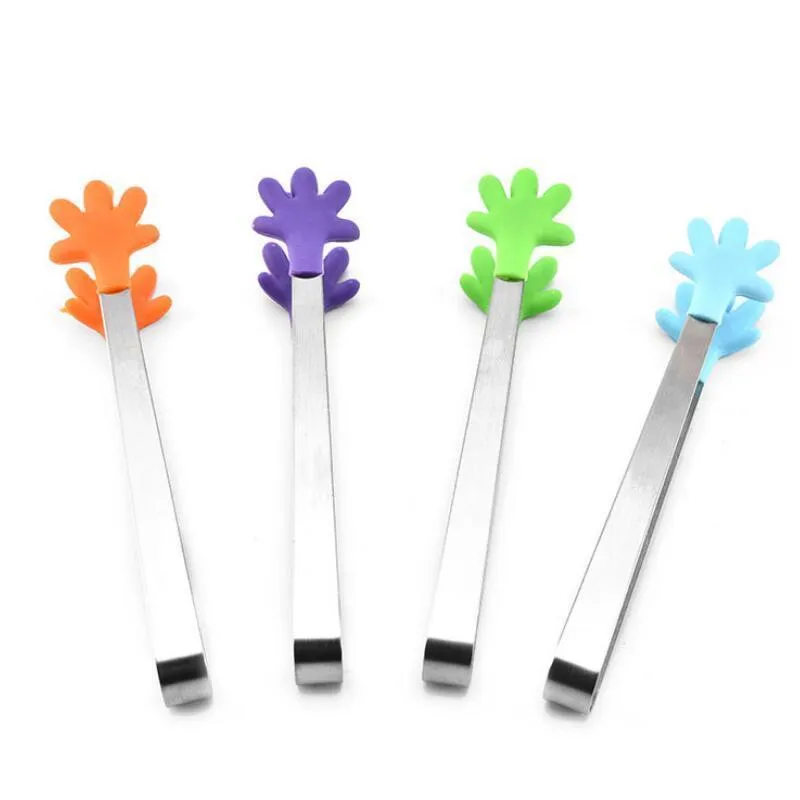 Cute Creative Small Silicone Clip Non Slip Stainless Steel Mini Food Ice Square Suger BBQ Tongs Clips Kitchen Products