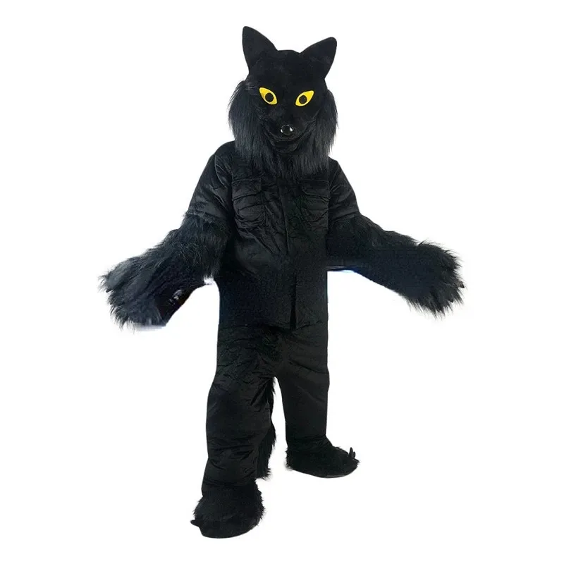 Wolf Mascot Svart l￥ngh￥rig fursuit Walking Puppet Animal Costume Performance Costume Event Banyan