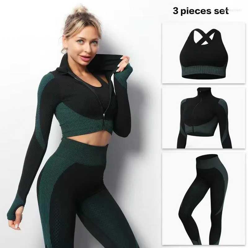 Actieve sets 2022 4xl plus mize 3 stuks vrouwen naadloos slijtage sportpak ritsjack training yoga set