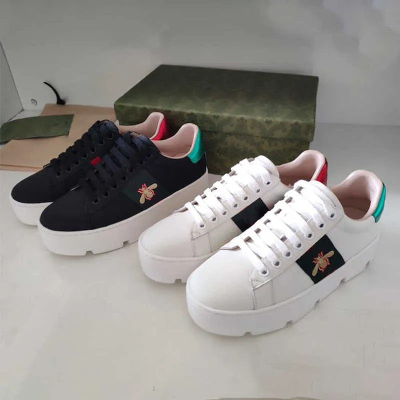 Platform Men Women's Ace Embroidered Platform Sneaker Genuine Leather Shoes With House Web And Golden Bee Black White Sneakers Outdoor Casual Shoes With Box NO332