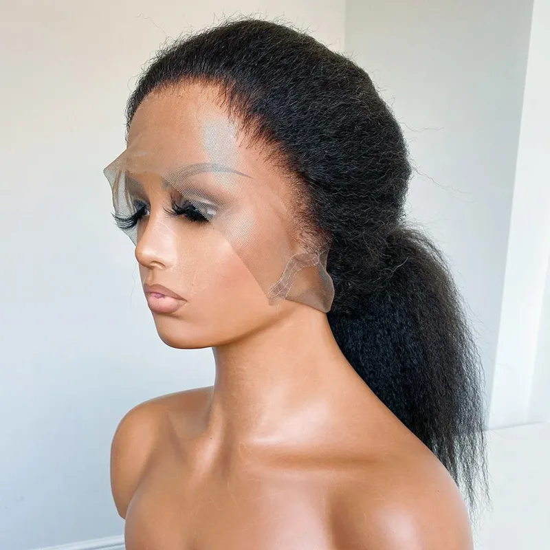 Brasiliansk naturlig hår spets front peruk hår före kammen kinky rak 180 densitet syntetiska peruk svarta kvinnor