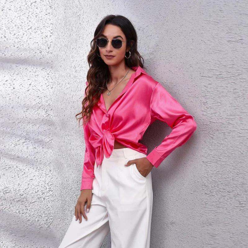 Womens Blouses Womens Satin Silk Blouse V Neck Button Down Long
