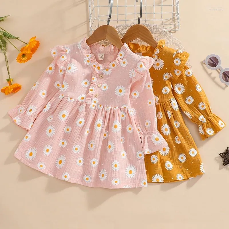 Robes fille 1-5 ans bébé filles coton lin robe douce marguerite imprimé volants col rond manches longues a-ligne enfants mignon vêtements