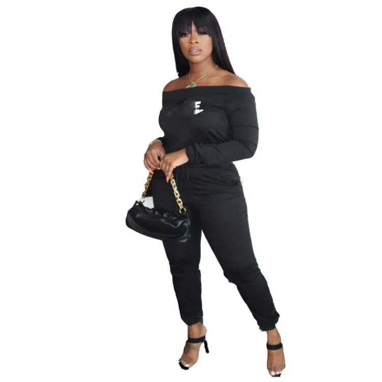 أزياء Streetwear أسود 2 قطعة من النساء المسارات ملابس ملابس اللياقة البدنية طويلة الأكمام محصول أعلى طماق للسيدات السيدات أنثى أنثى أنثى