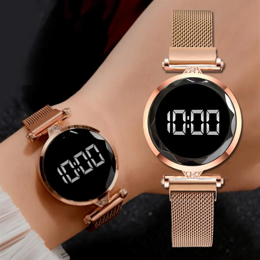 Relojes de pulsera magnéticos LED de lujo para mujer, reloj de vestir Digital de oro rosa, reloj de pulsera de cuarzo para mujer, reloj femenino 285t