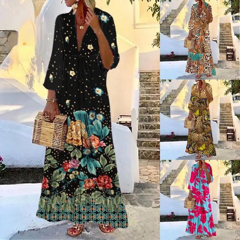 Robes décontractées 2022 Boho sexy col en V à manches longues robe de soirée femmes élégantes imprimé léopard maxi pour la mode