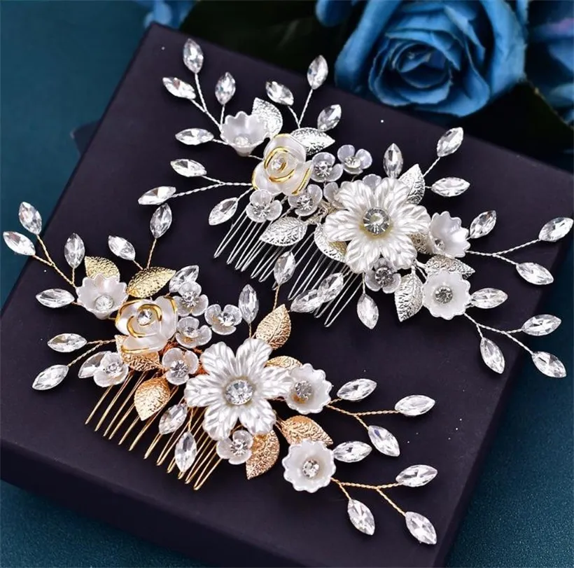 Vintage br￶llop brud kristall strass h￥r kam blad huvudstycke blomma blommor krona tiara pageant huvudbonad prydnad silver guld
