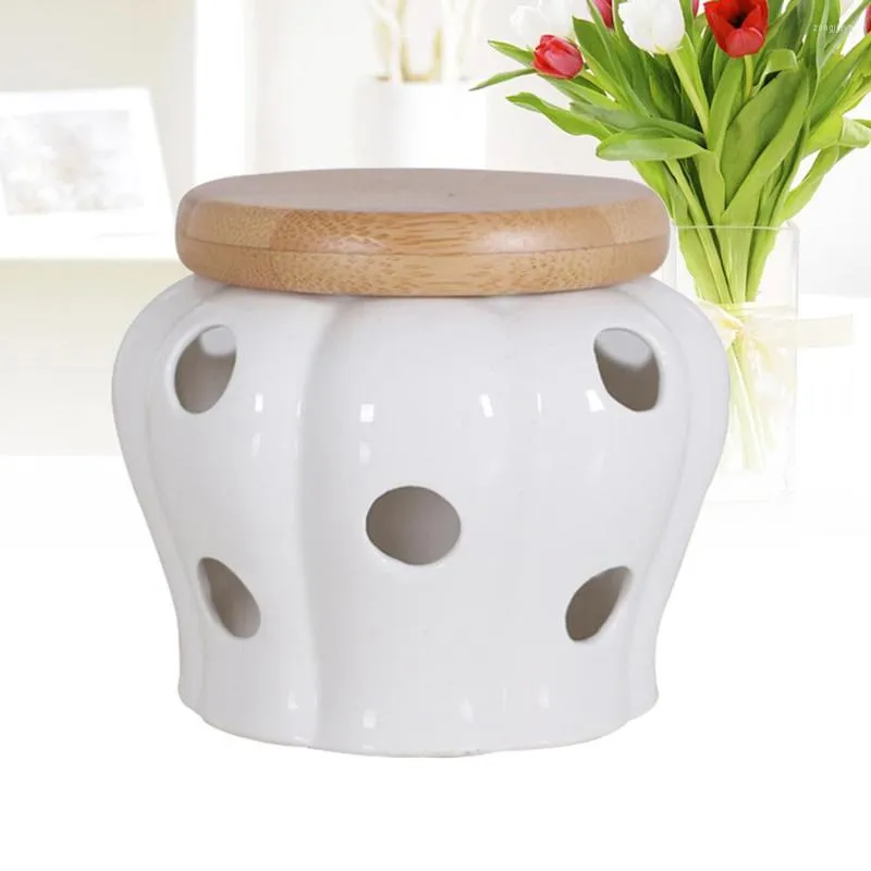 Storage Bottles Round Ceramics Jars Container With Bamboo Lids For Sealing Garlic Ginger