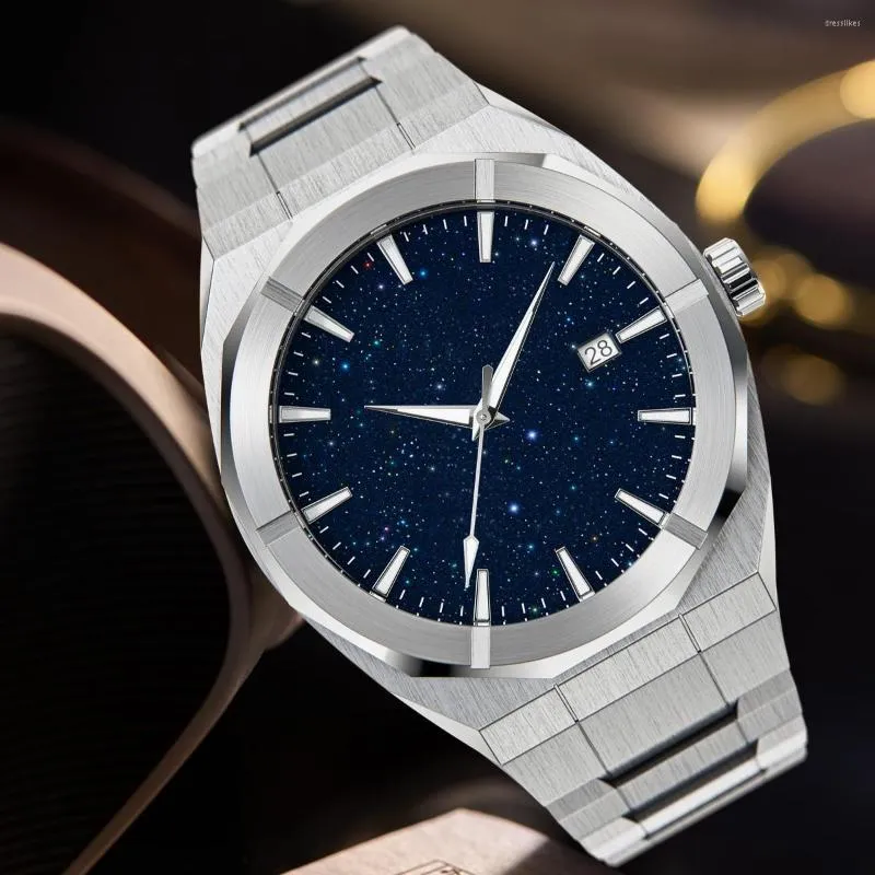 Relógios de pulso Matte Star Poeira Dial de poeira completa prata Aço inoxidável de aço de alta qualidade Relógio Fosco japonês Miyota Quartz Relógio para homens