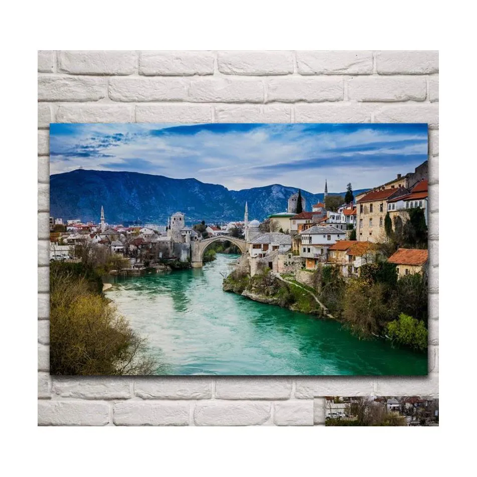 Schilderijen Herzegovina Mostar Bosniia I Gertsegovina Beautif Town landschap woonkamer huis kunstdecoratie houten frame stof poster dr. Dhxan