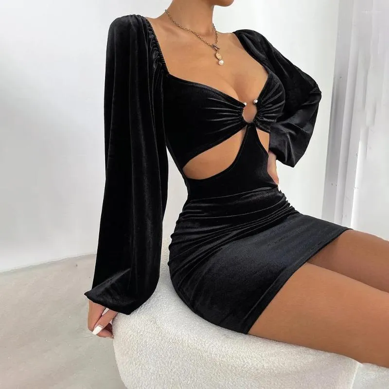 Casual Dresses Leisure Time Dress Solid Color Sexy Hollow Out Off Shoulder Slim Open Button Black Long Bubble Sleeve