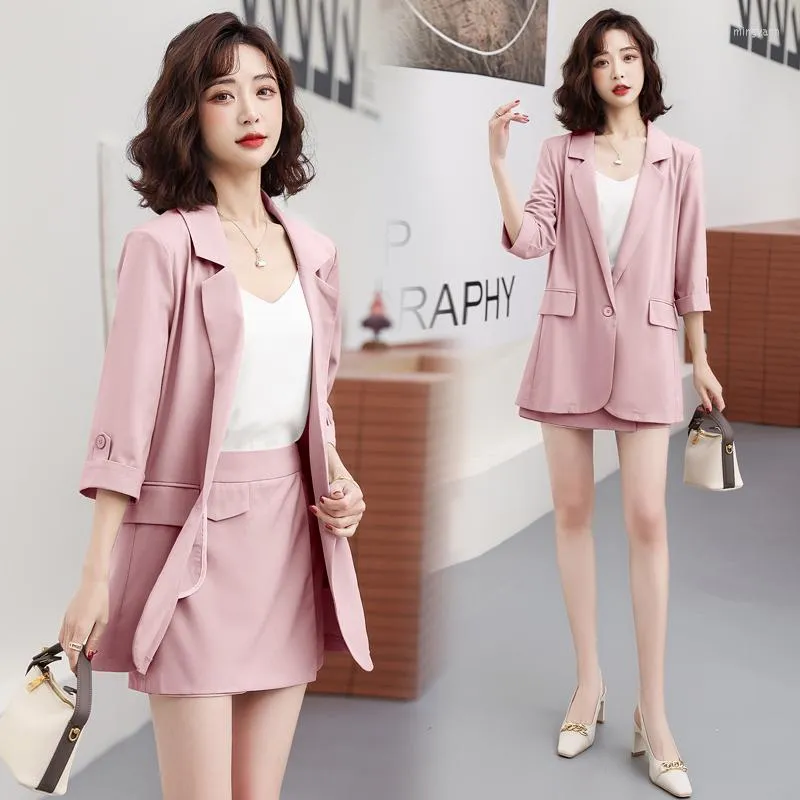 Kvinnors träningsdräkter Kvinnors halv ärm Blazer Set 2022 Summer Single Button Jacket 2 Pieces Work Suits Elegant Ladies Coat Short Pants