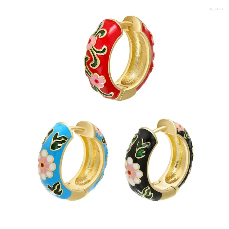 Hoop Earrings 1 Piece Chunky Flower Painting Jewelry Enamel Circle Round Shape CZ Gold Color Earring Black Red Blue
