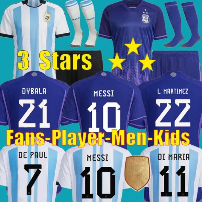 Versión de los fanáticos del jugador de 3 estrellas Argentina Soccer Jersey 22 23 Home Away 1986 Camisas de fútbol 2022 Messis de Paul Di Maria Equipo nacional Maradona Kit Kit Kit Calcetines