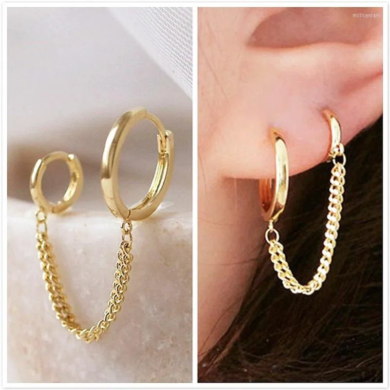 Hoop Earrings CAOSHI 1 Pcs Simple Two Different Size Mini Circle With 2 Line Chain Women's Personality Jewelry For Teen Girls