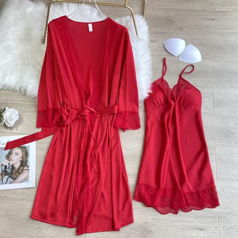 Women's Sleepwear Red Bride Wedding Robe Gown Suit Women Faux Silk Nightwear Sweet Lace Sexy V-Neck Nightgown Spring Autumn Home Dress