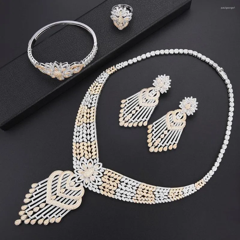 Ketting oorbellen set larrauri luxe kwastjes drop vrouwen bruiloft kubieke zirconia African Party sieraden goud bruidsbetrokkenheid