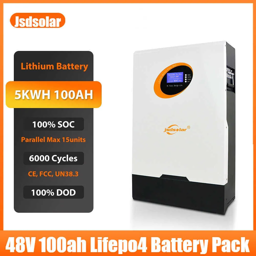 Jsdsolar 48V 100AH ​​LIFEPO4 Battery Pack 51.2V 5,12kWh 6000 Ciclos CAN/RS232/RS485 Baterias de íons de lítio para armazenamento de energia em casa