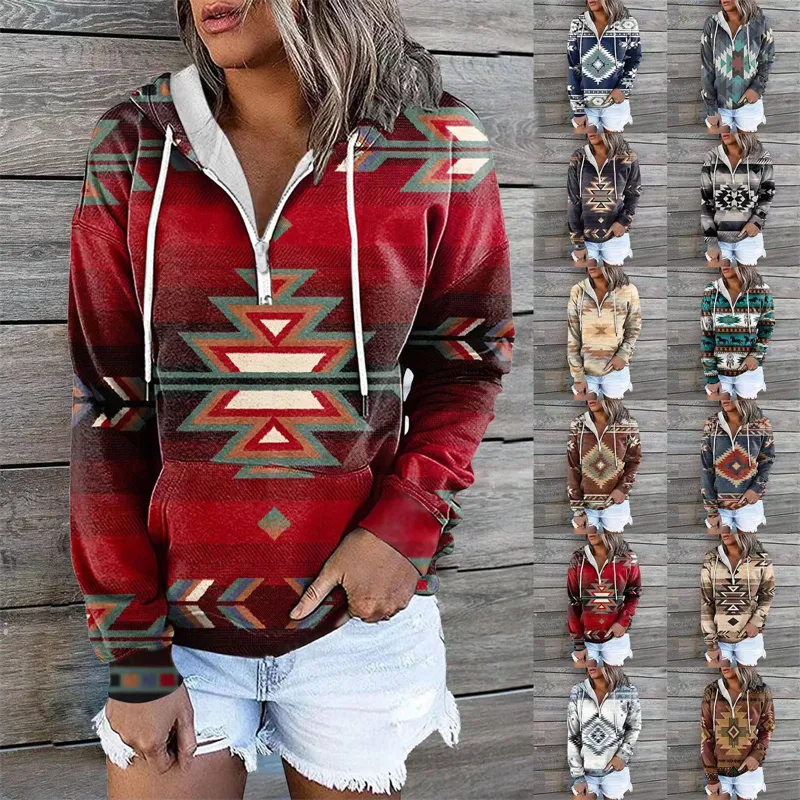 Herfst winter retro western etnische geometrische hoodies sweatshirt dames casual vintage losse straat sweatshirts boho pullovers