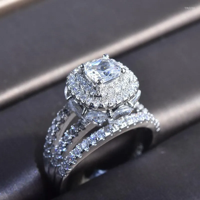 Klusterringar lyx tre lager original silver f￤rg ring f￶r kvinnor kudde klippt zirkon evighet smycken br￶llop engagemang