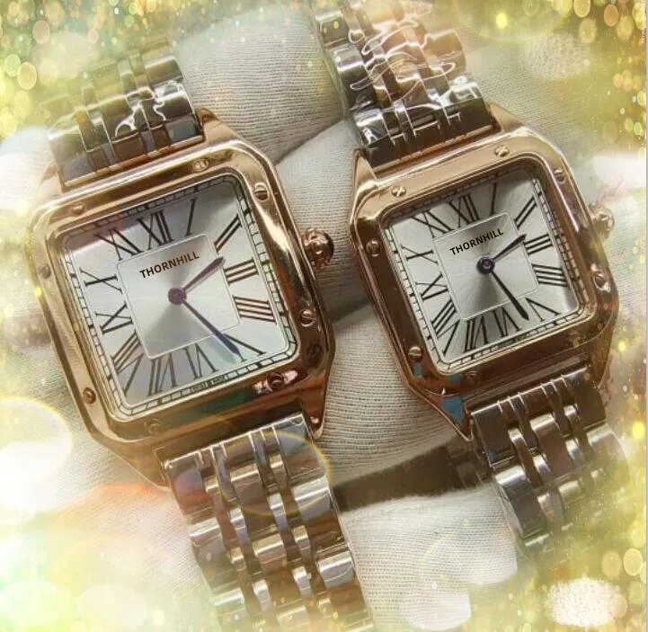 Casal Womens mass Simple Roman Square Dial Watches Quartz Movement Calend￡rio Super Bright PopUar Tank Series dois pinos de a￧o inoxid￡vel.