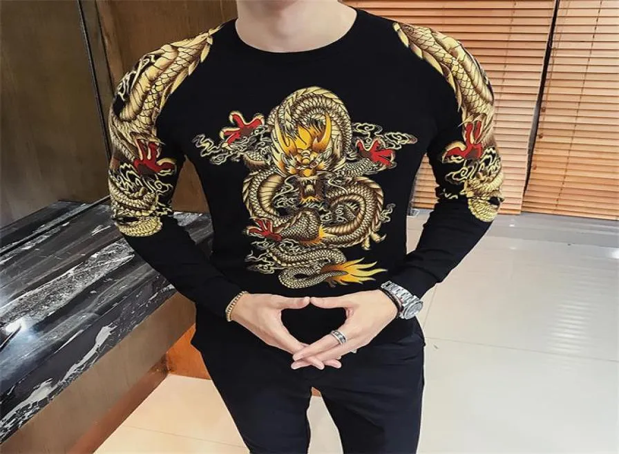 New Mens Sweater Hoodies Clothing Gold Dragon Print Men Pullver Erkek Kazak Club Party Stage