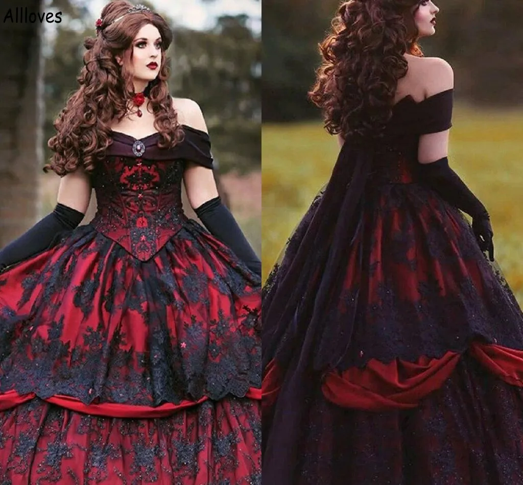 Gothic Red And Black Victoria Prom Dresses Off Shoulder Lace Appliques Beaded Vintage Evening Party Ball Gowns Corset Princess Duchess Formal Occasion Dress CL1623