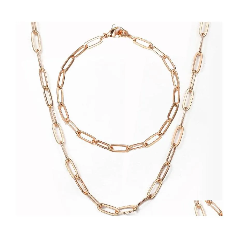 Collier de boucles d'oreilles Davieslee Bracelets de 4 mm de large Défini pour les femmes 585 Rose Gold Paperclip Rolo Link Chain Jewelry Sett LCS24 Drop délivre DH76D