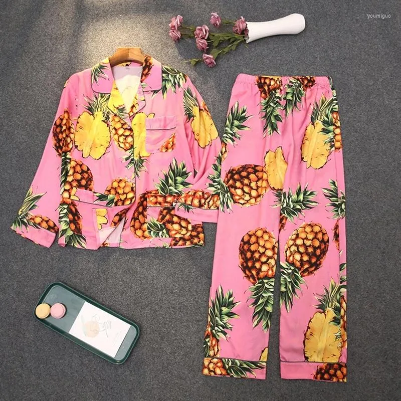 Home Abbigliamento Seta Pigiama da donna Estate Primavera Autunno Manica lunga Donna 2 pezzi Completo pigiama con pantaloni Pigiama con stampa ananas Per